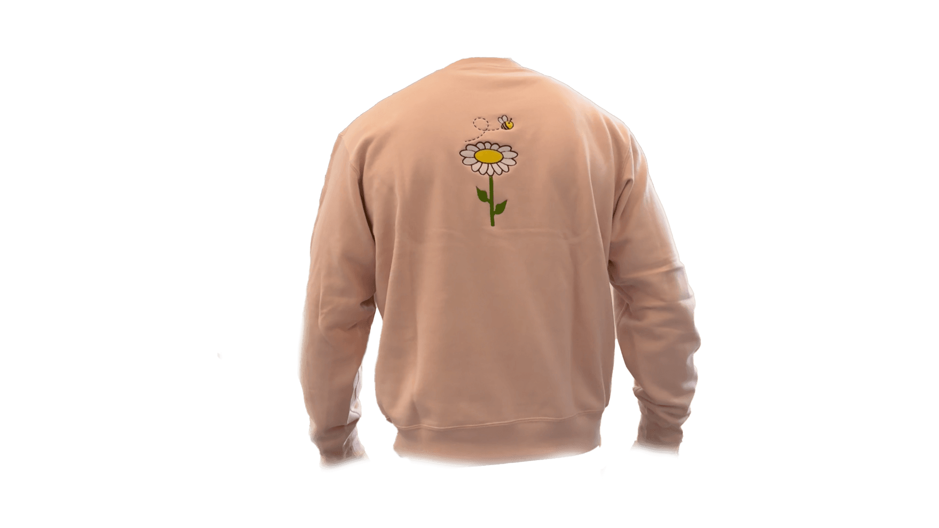 Back of a pink sweatshirt embroidered with a flower and bee